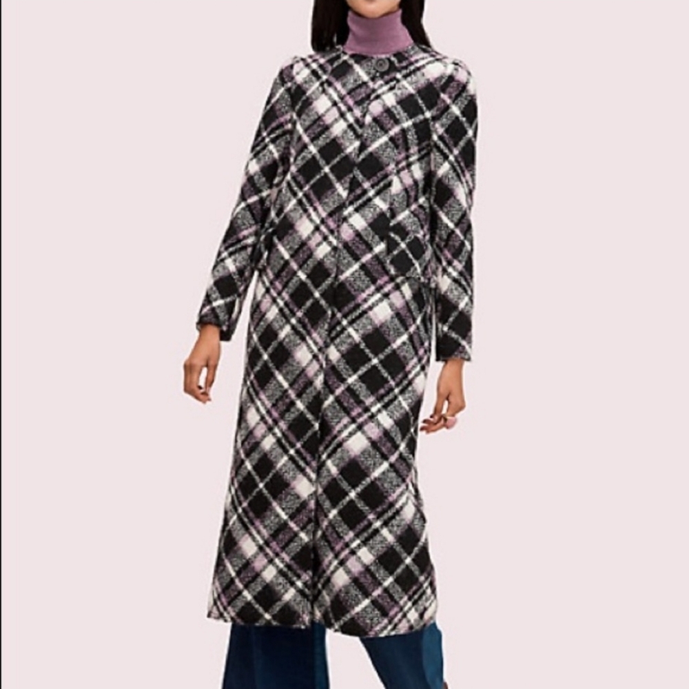 Kate Spade New York Plaid Print Boucle Trench Wool/Alpaca Blend Long Coat - 0
